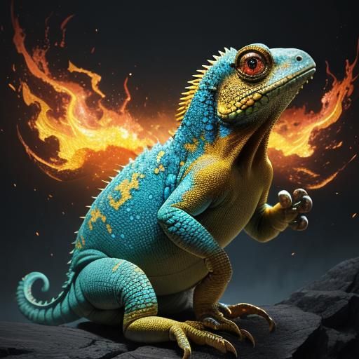 Yellow Chameleon Jumps Through Fire in Fantasy Art