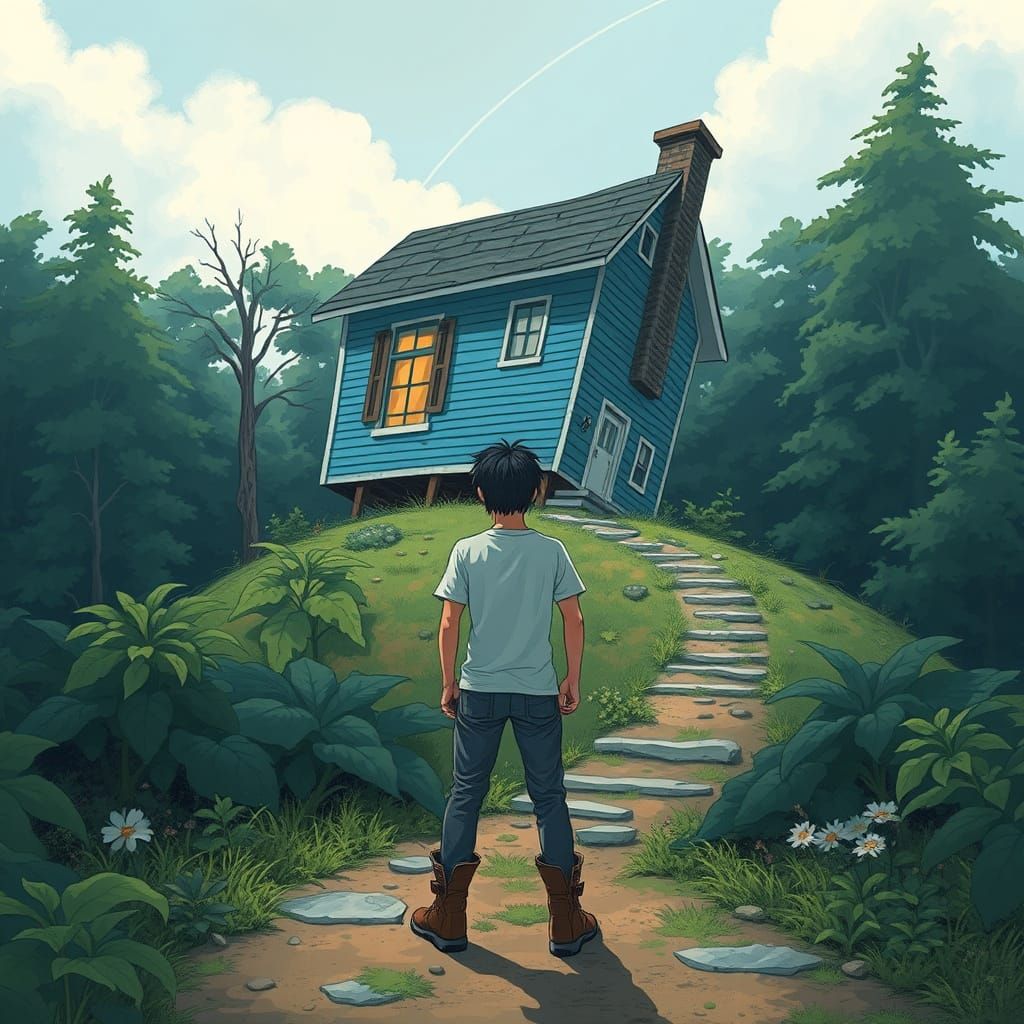 Blue House on Hill in Whimsical Style