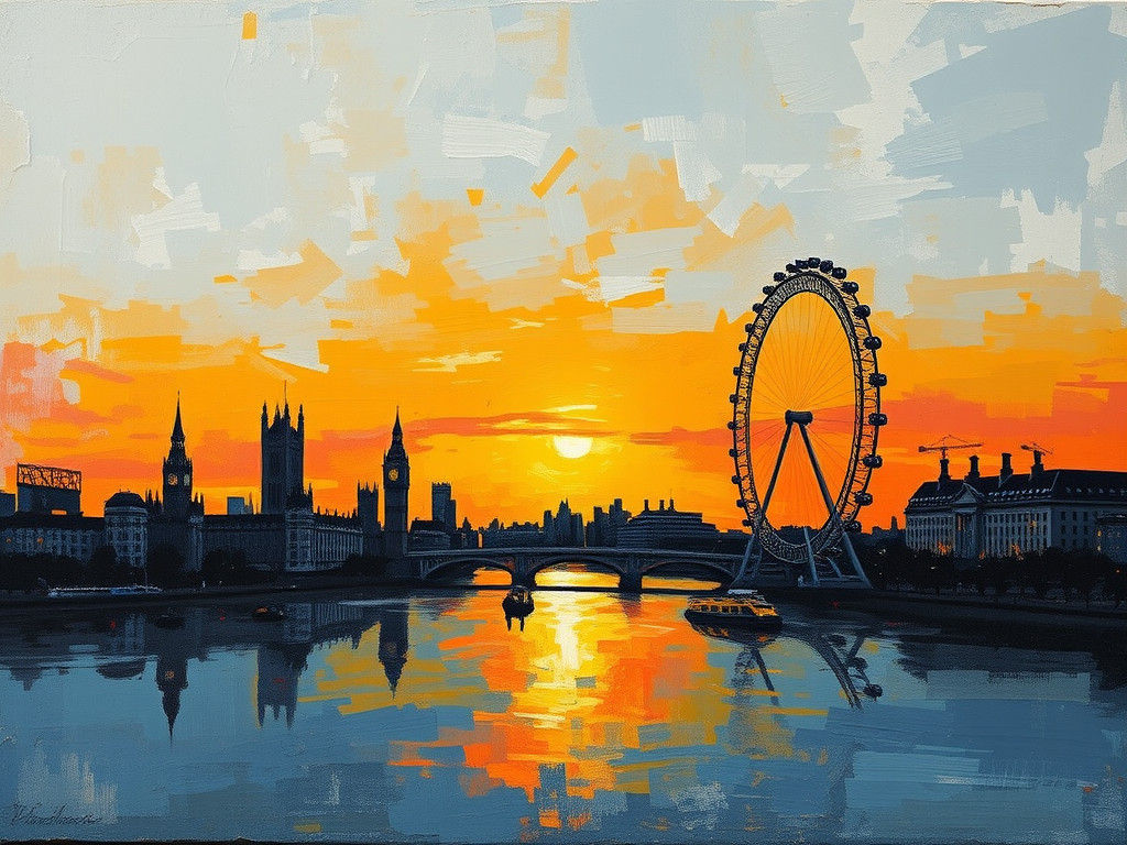 Abstract London Skyline Sunset with Palette Knife Texture