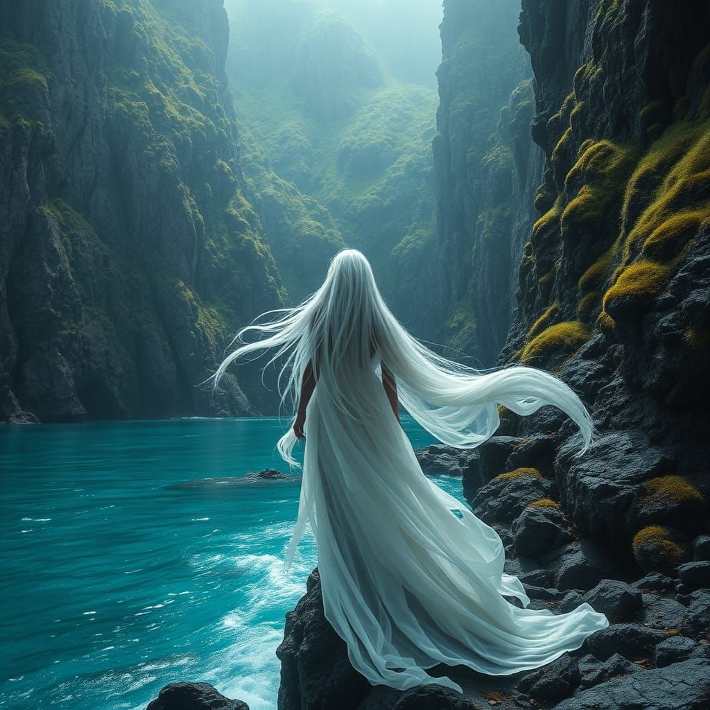 Mystical Siren on Windswept Shore in Dreamlike Style