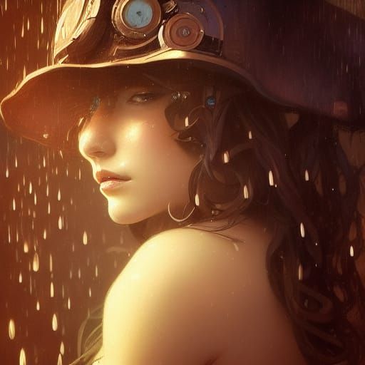 Steampunk Portrait of Sadness in Rain