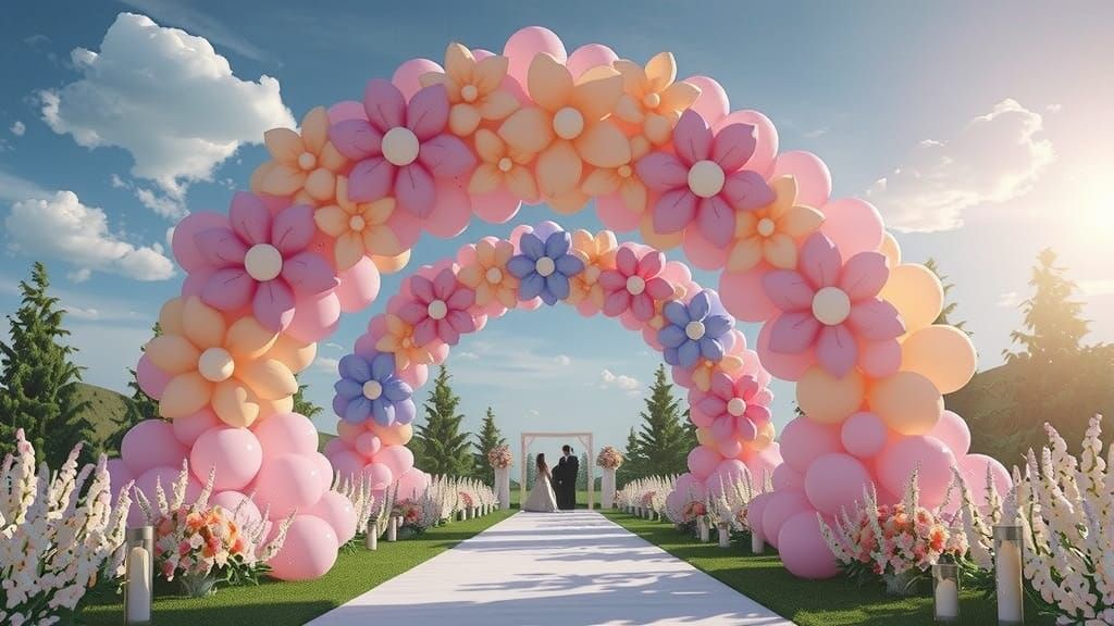 Pastel Flower Balloon Wedding Arch in Garden