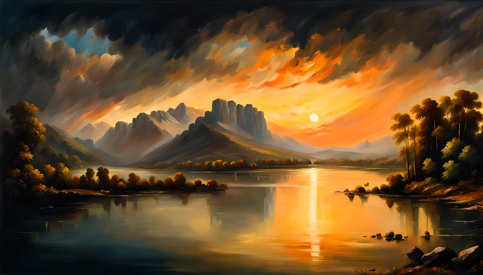 Romantic Sunset Over Mountain Lake: Oil Painting