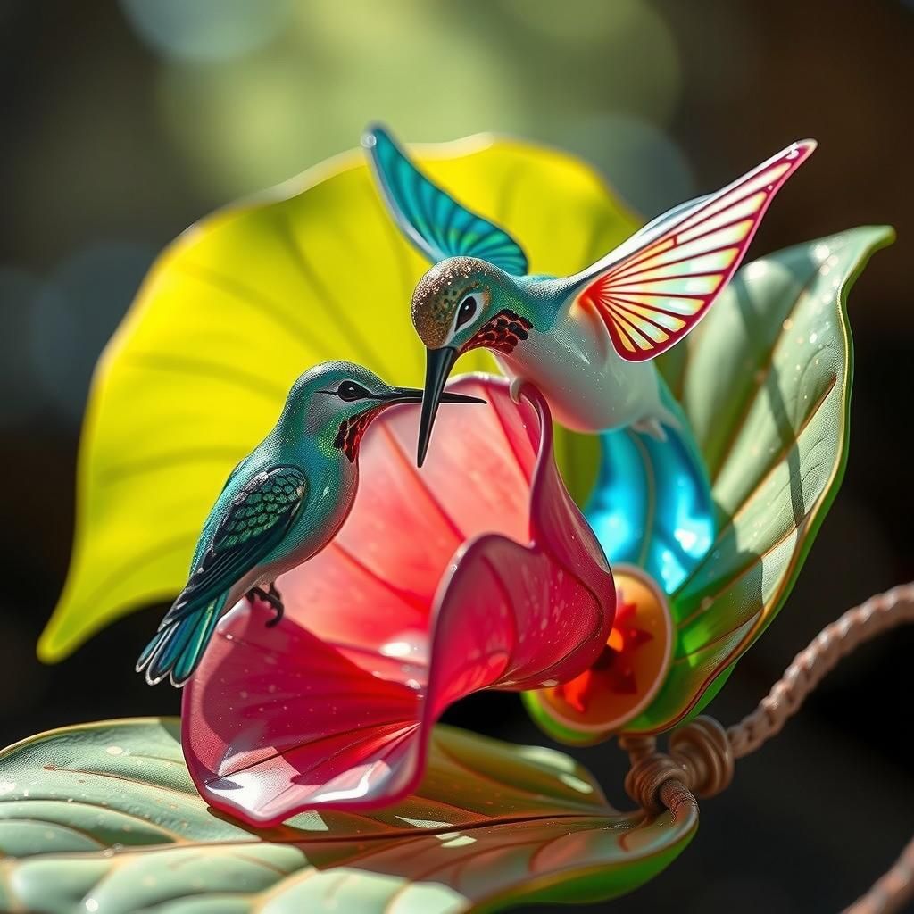 Iridescent Hummingbird Sipping Nectar From Glass Flower
