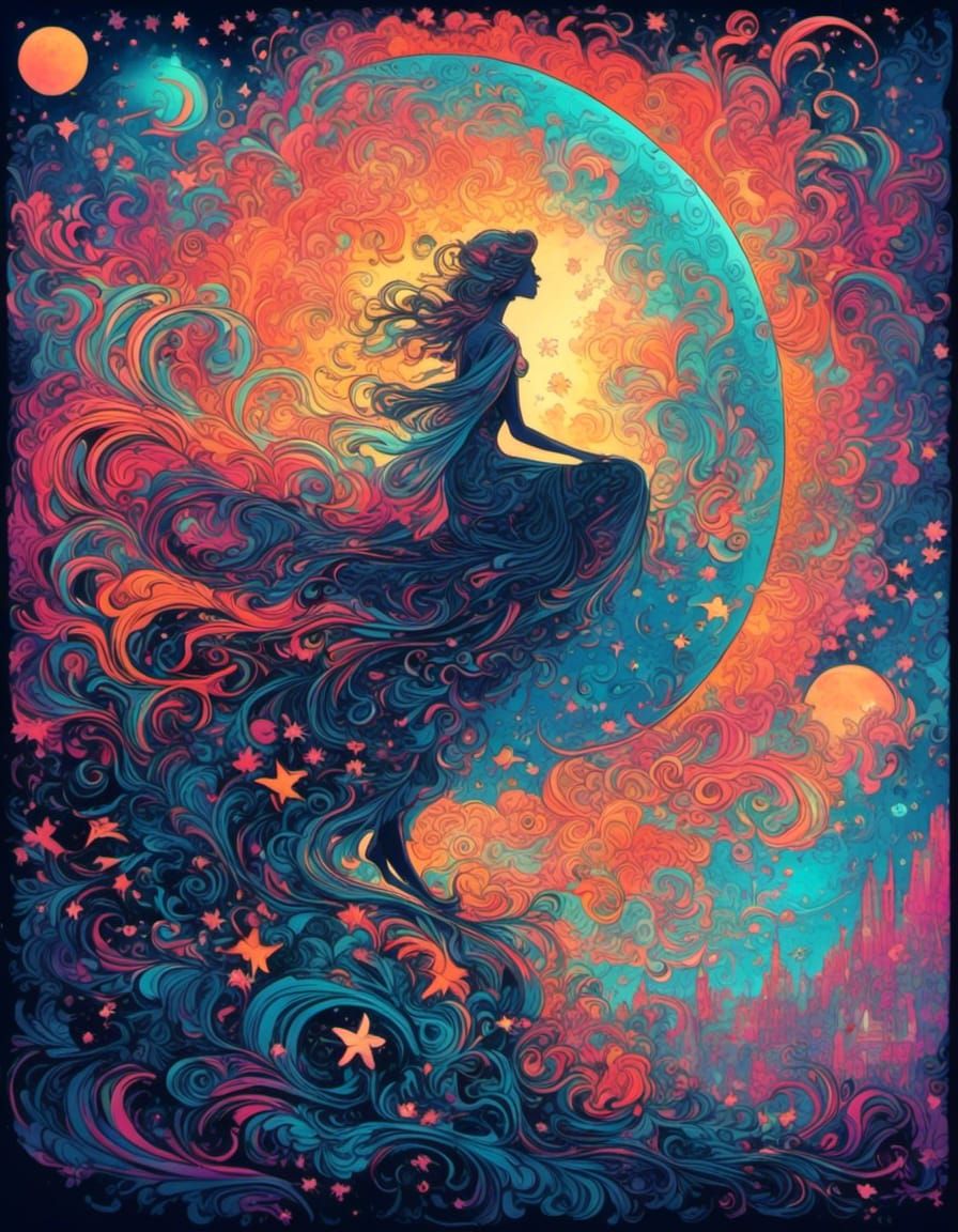 Starry Night Silhouette Collage Art Illustration