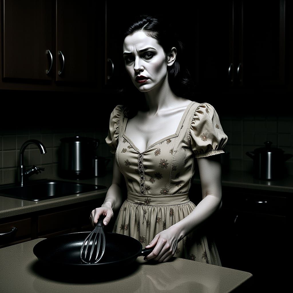 Sinister 1960s Housewife Ghost in Retro Kitchen