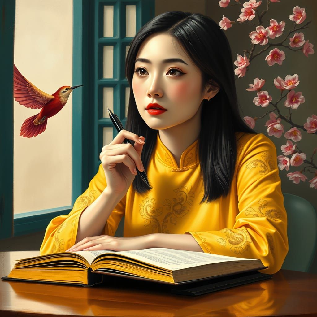 Serene Young Woman in Traditional Ao Dai, Lost in Thought