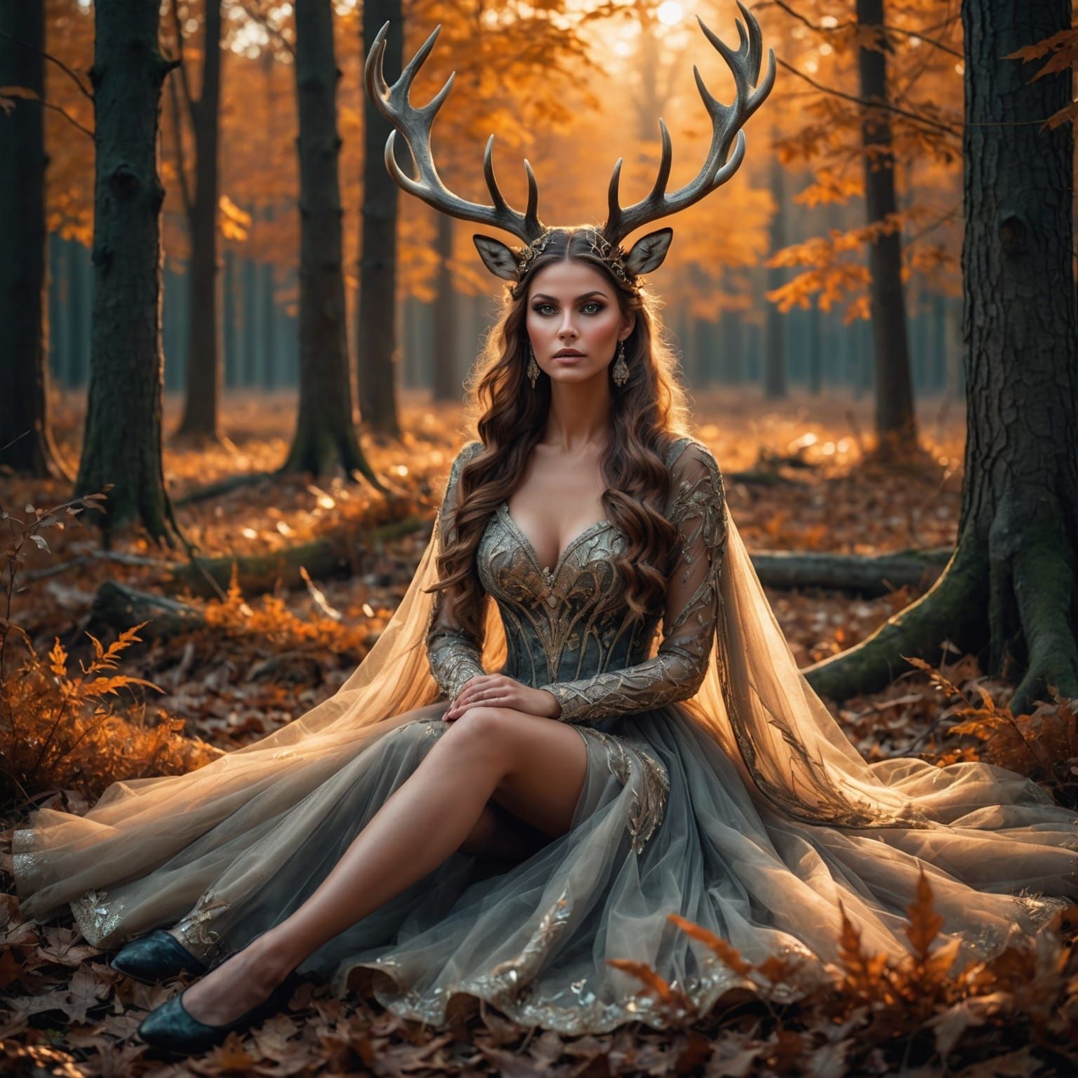 Woman with Antlers in Autumn Forest, Art Nouveau Style