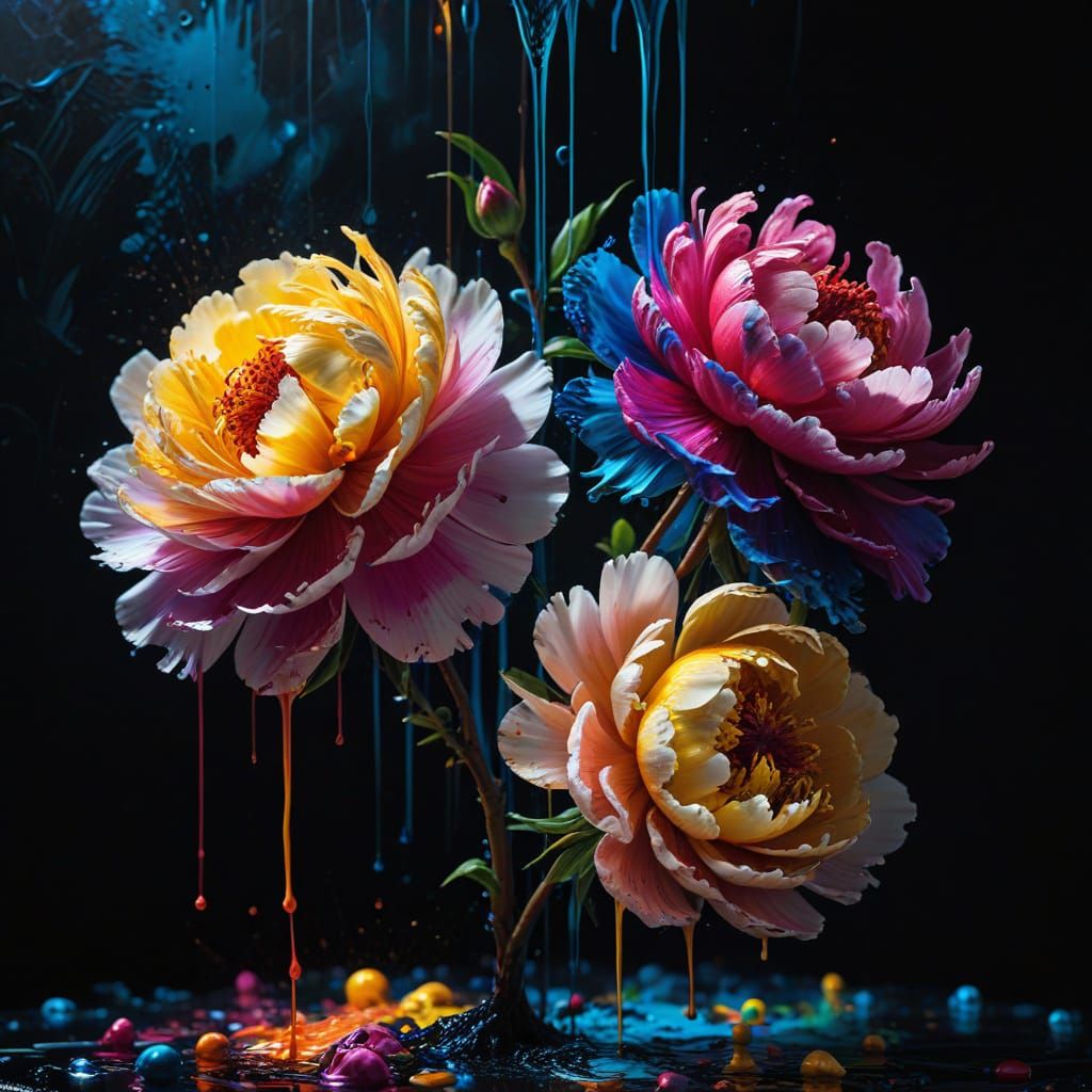 Vibrant Dreamlike Peony Blooms in Dripping Paint