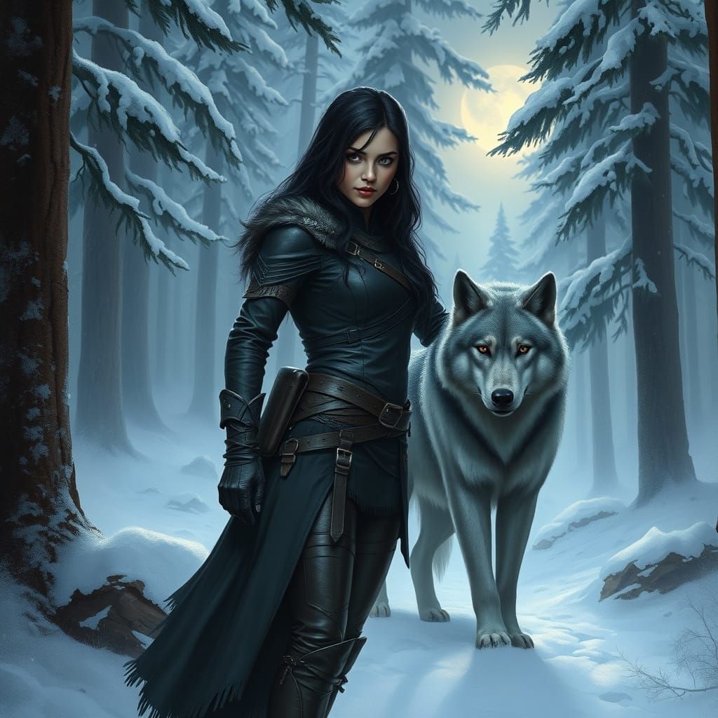 Warrior Woman and Wolf in Snowy Forest