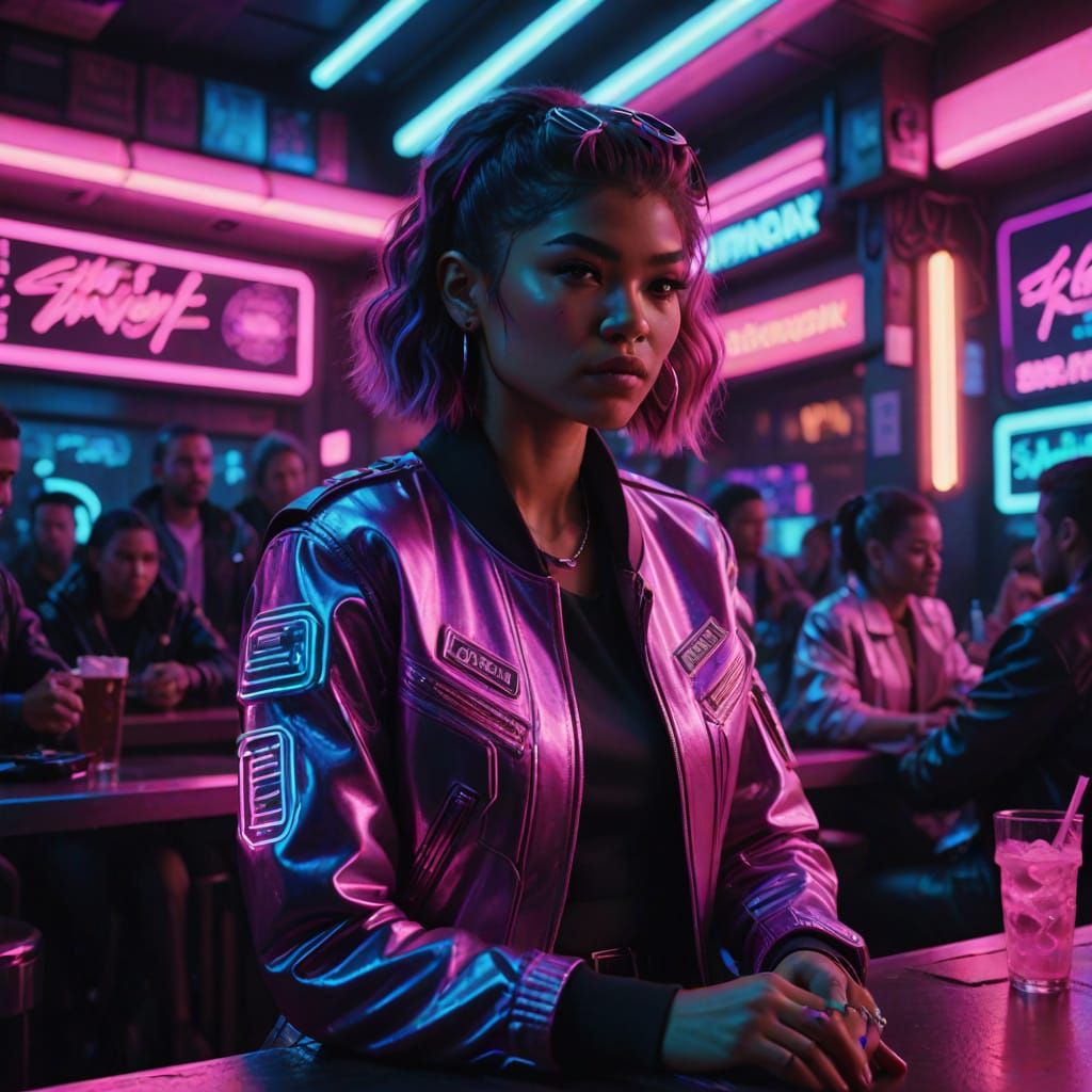 Zendaya in Neon Cyberpunk Bar: Cinematic Still
