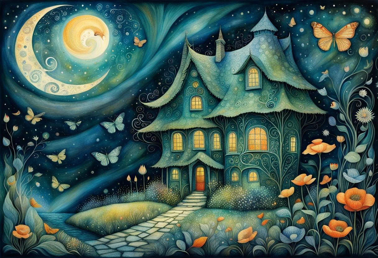 Intricate Folk Art-Inspired Home Scene in Vibrant Colors