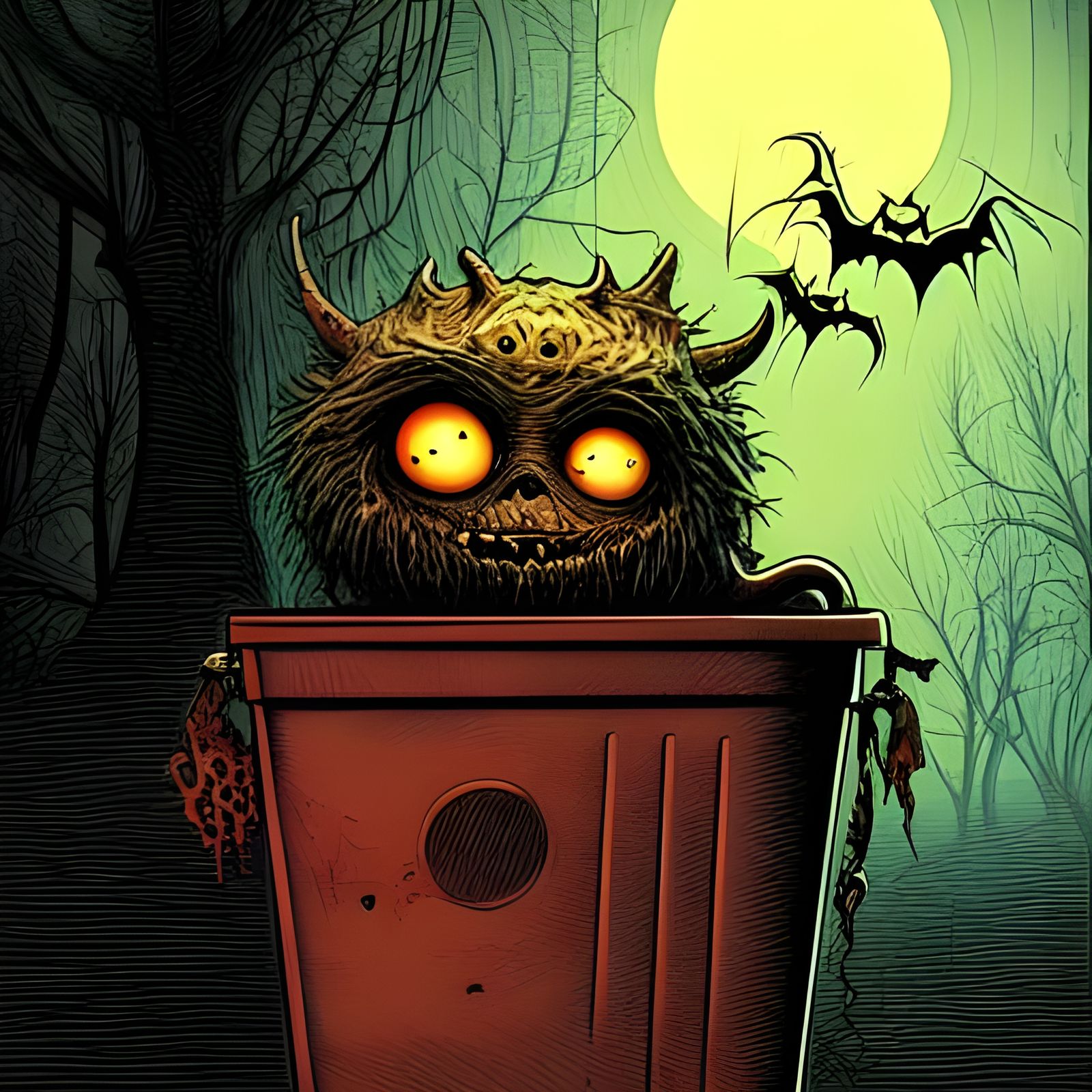 Cute Creepy Halloween Monster Lurking in Trash Can