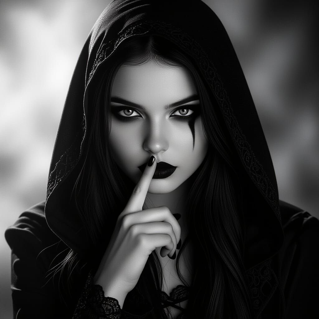 Gothic Hooded Woman Shushing in Chiaroscuro