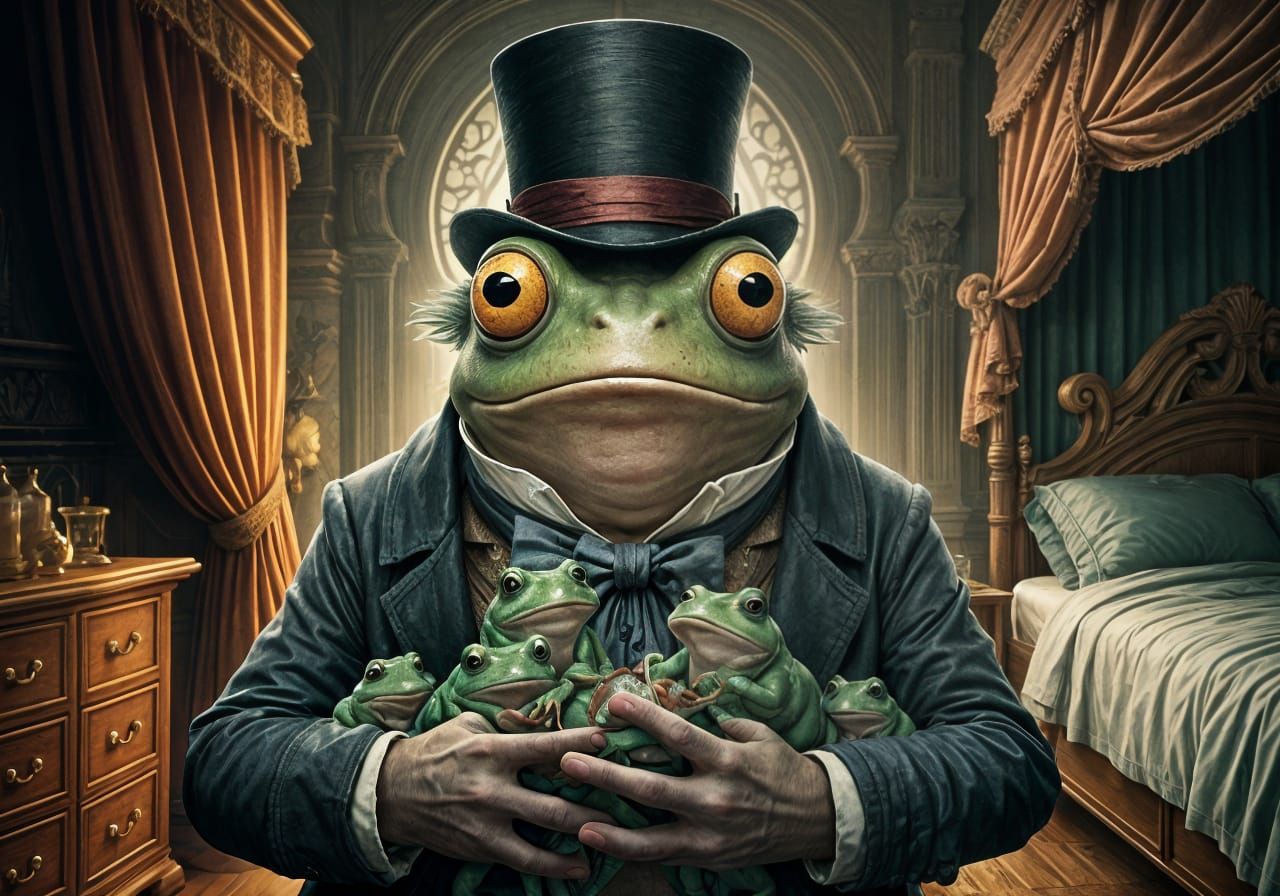 Frog Man with Baby Frogs in Art Nouveau Style