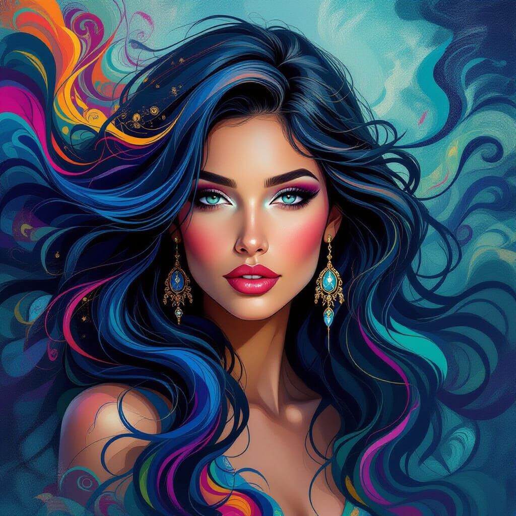 An abstract portrait of a woman with striking features, vibr...