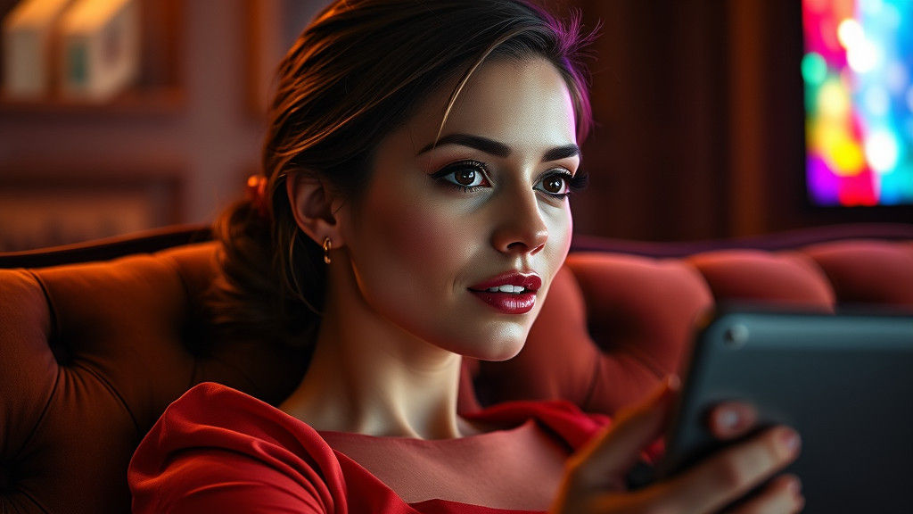 Elegant Woman Watching TV on Plush Sofa