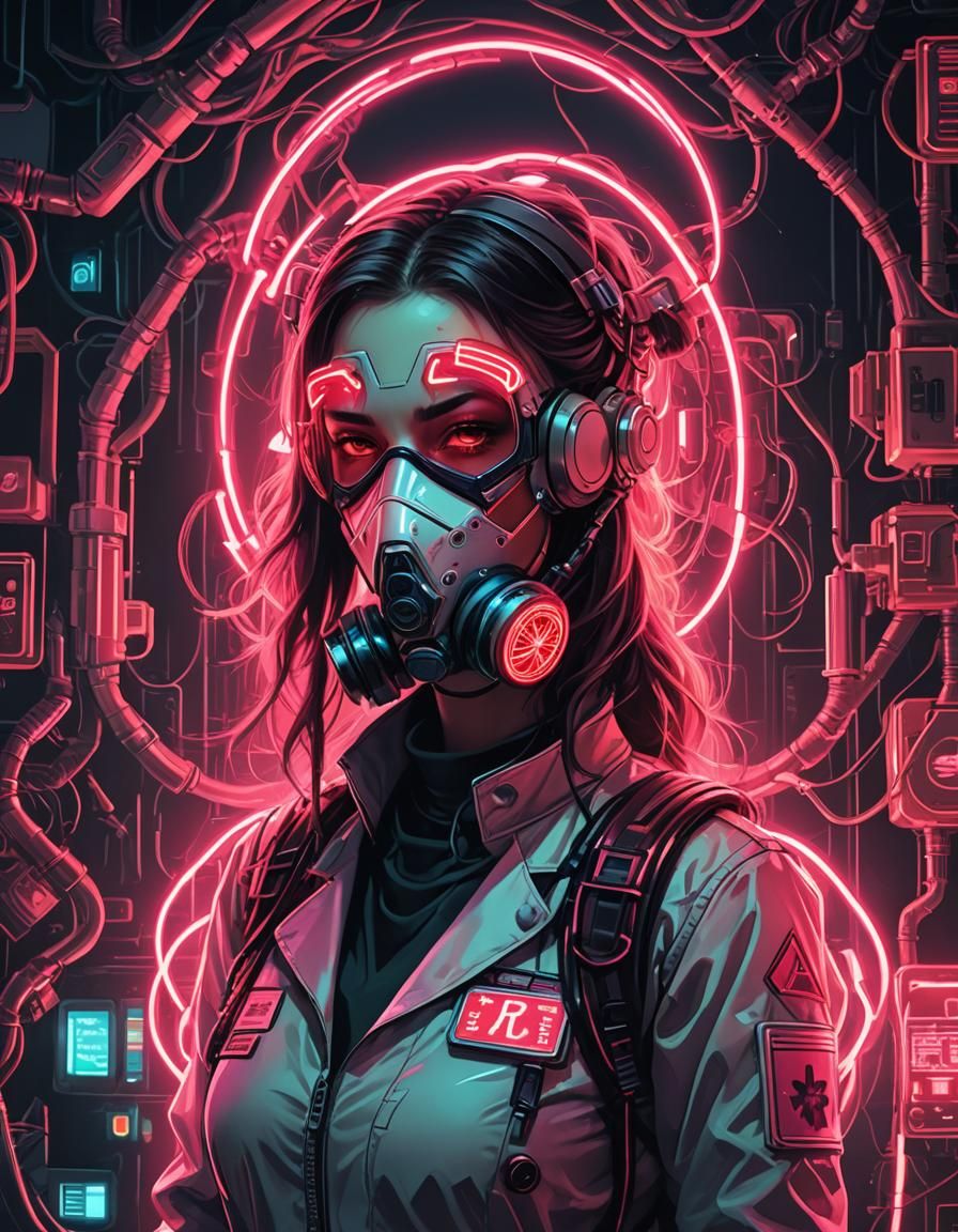 Cyberpunk Nurse with Glowing Neon and Gas Mask