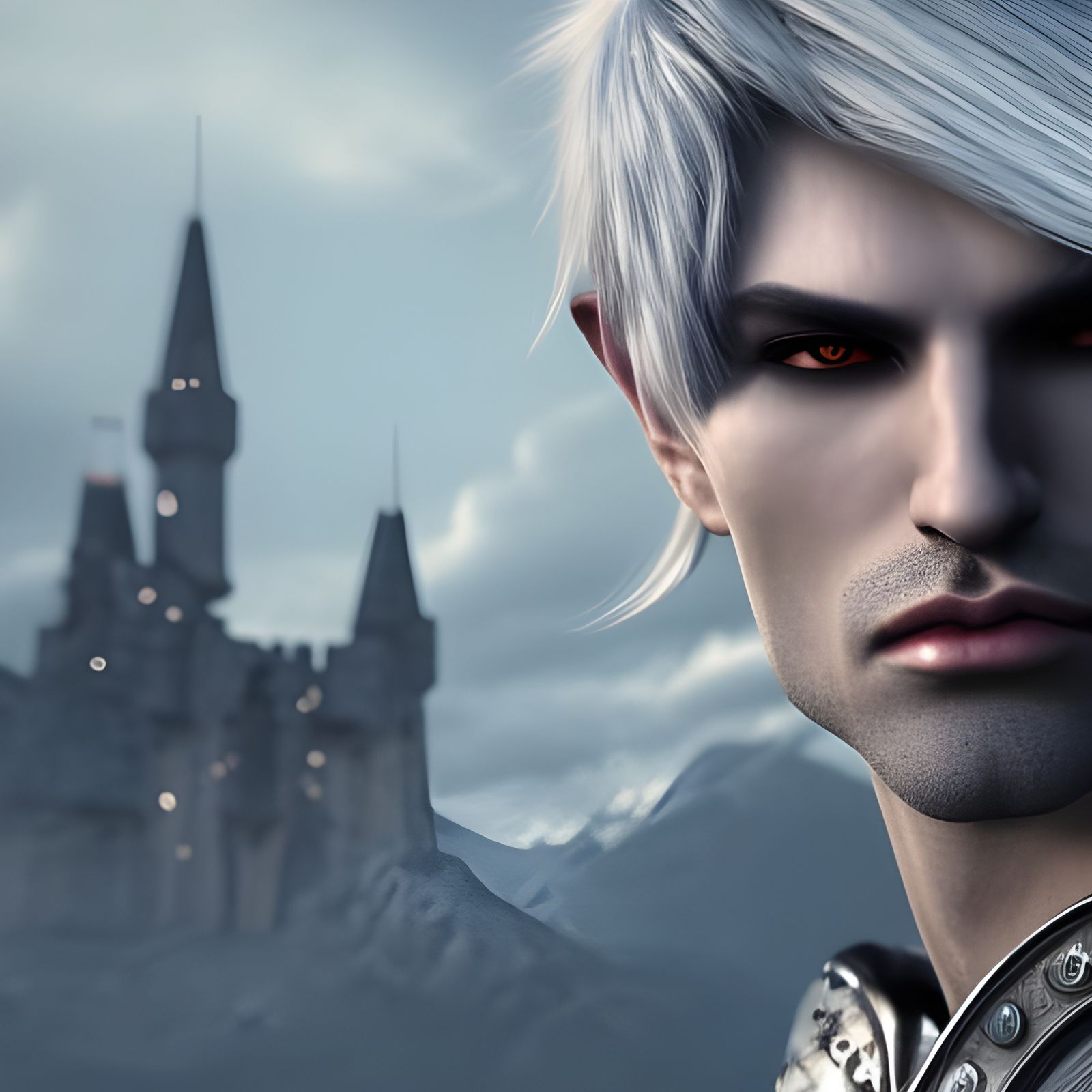 Photorealistic Vampire in Armor Under Night Sky