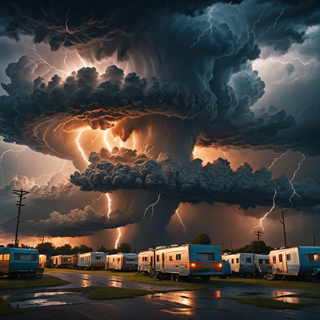 Tornado Approaches Trailer Park in Dramatic Lighting