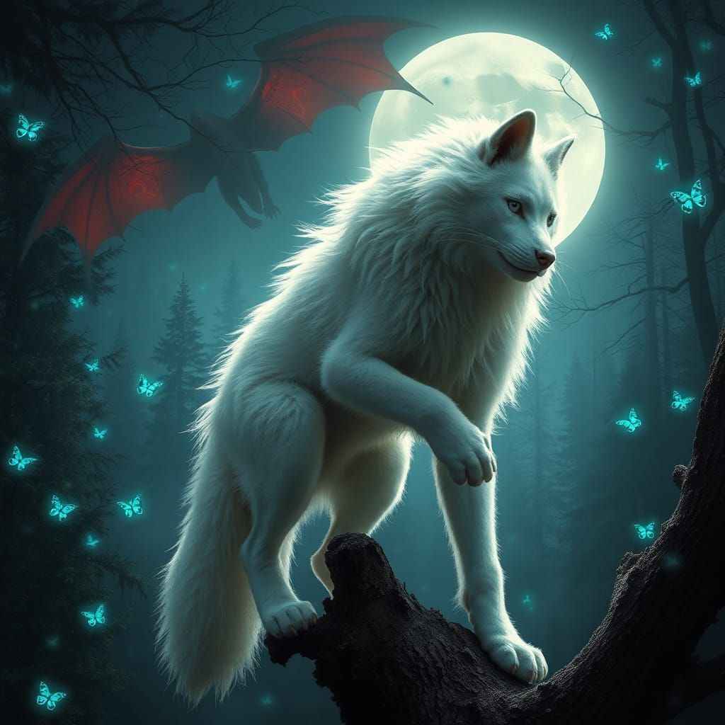 Werewolf-Angora Cat Hybrid in Moonlit Forest