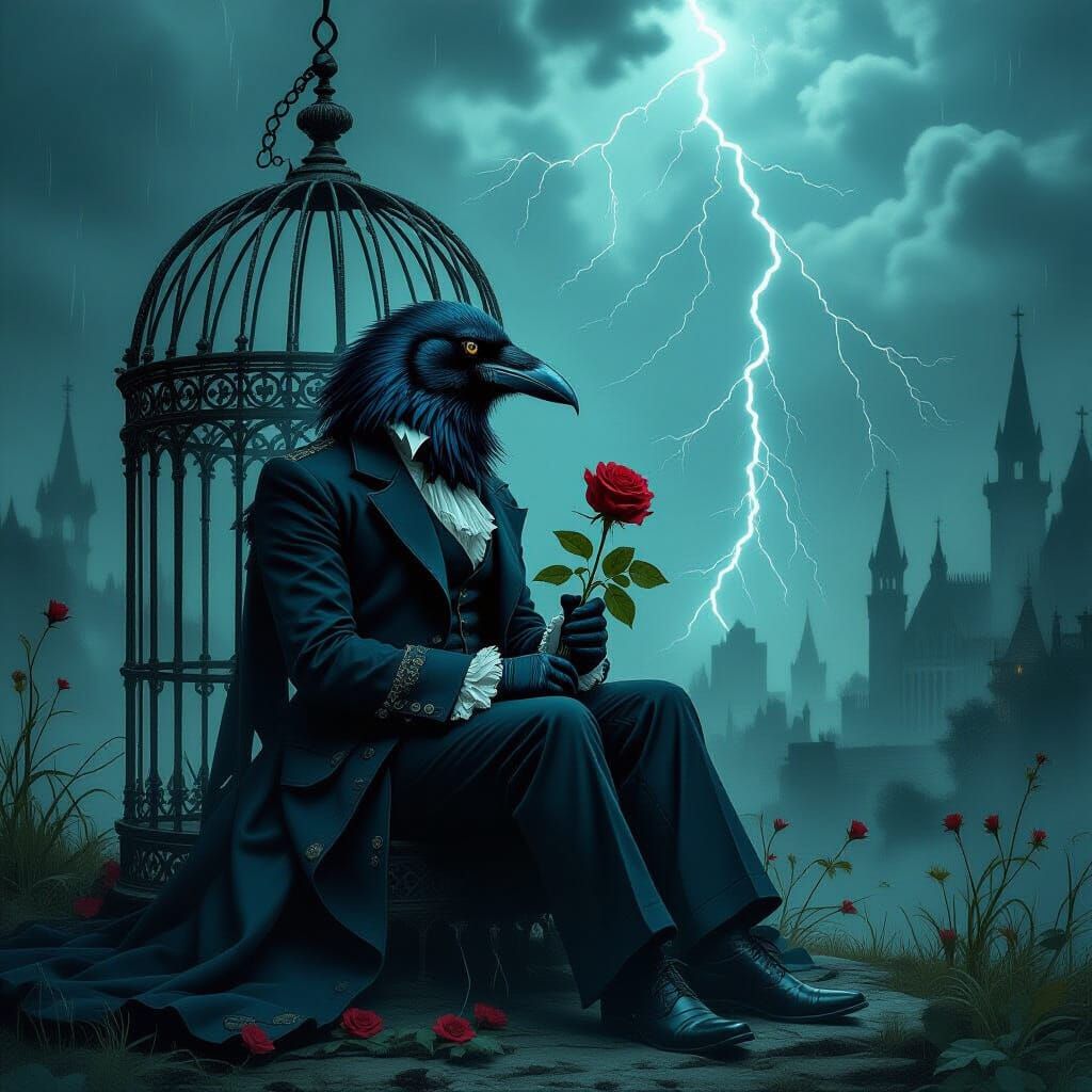 Gothic Raven in Stormy Cage with Rose