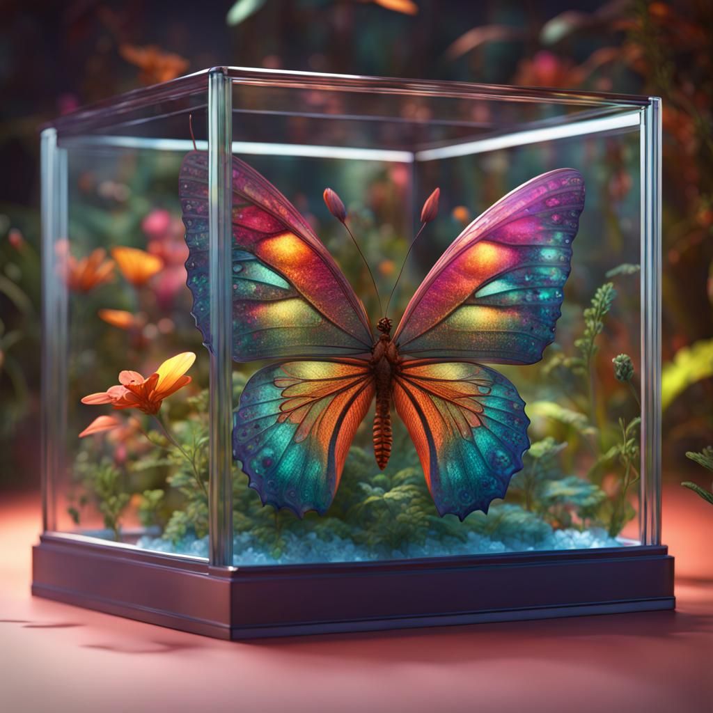 Colorful 3D Butterfly in Glass Cube