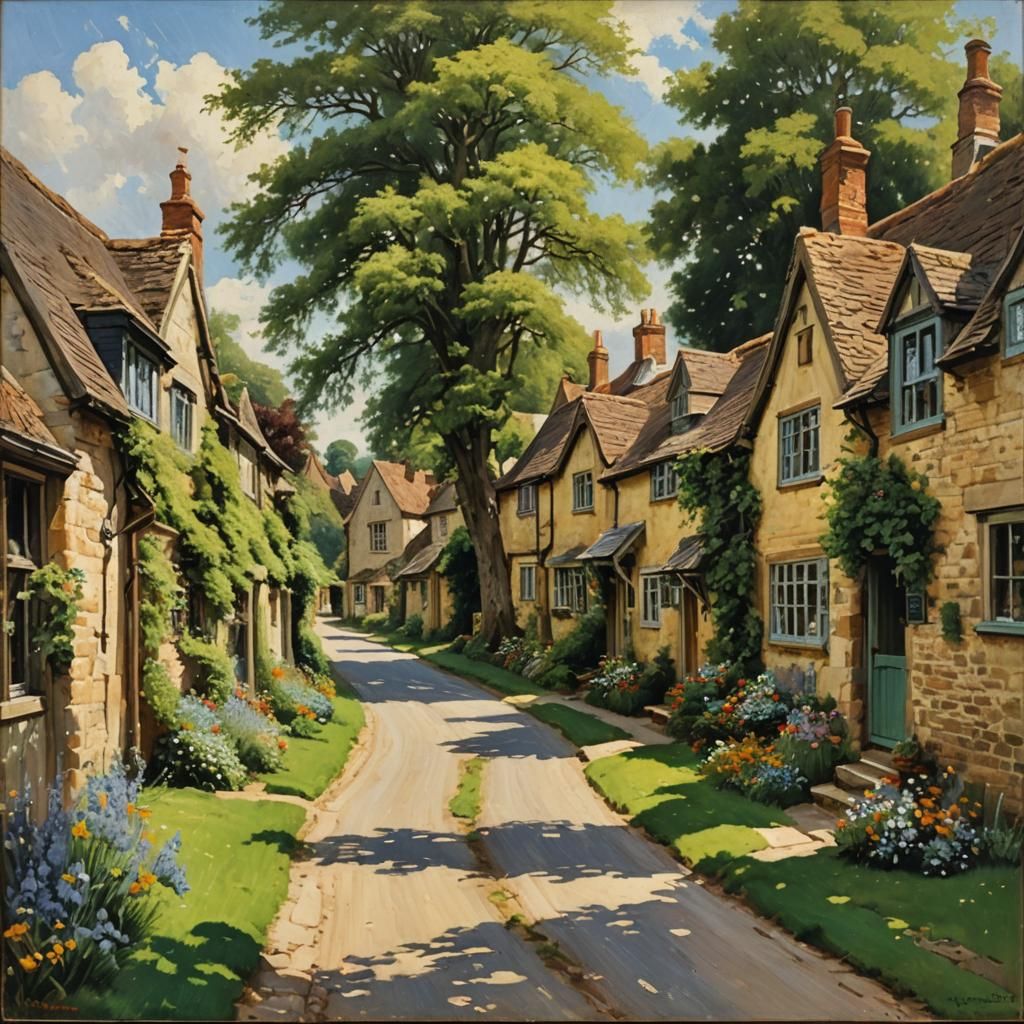 Idyllic Oxfordshire Village in Summer, Oil Painting