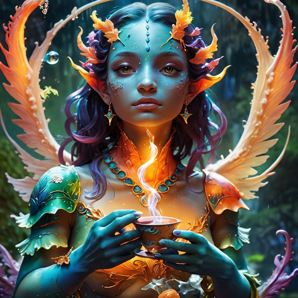 Dreamlike Water Nymph in Vibrant Elemental Tea Setting