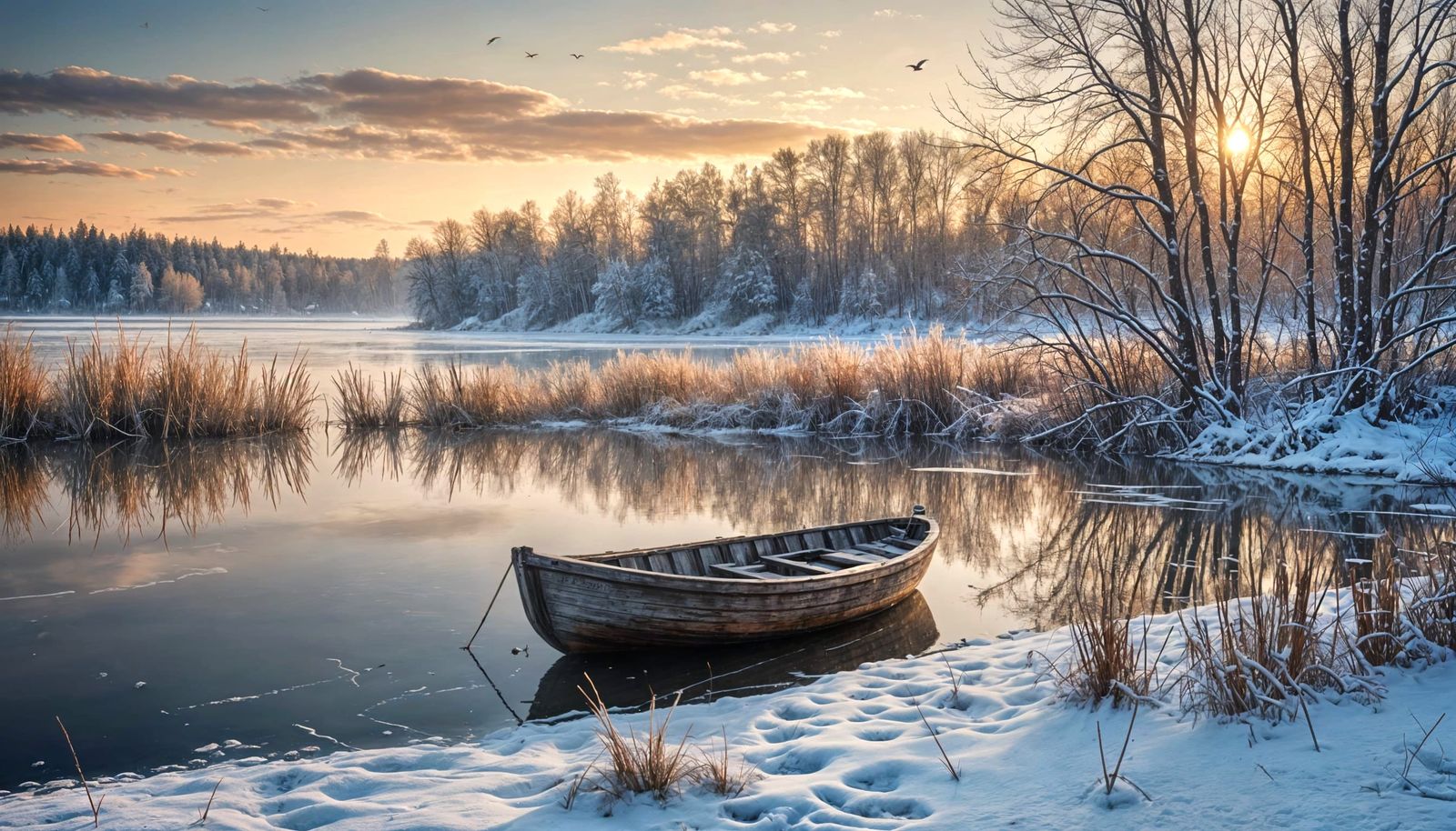 Photorealistic Winter Lake at Evening With Old Boat