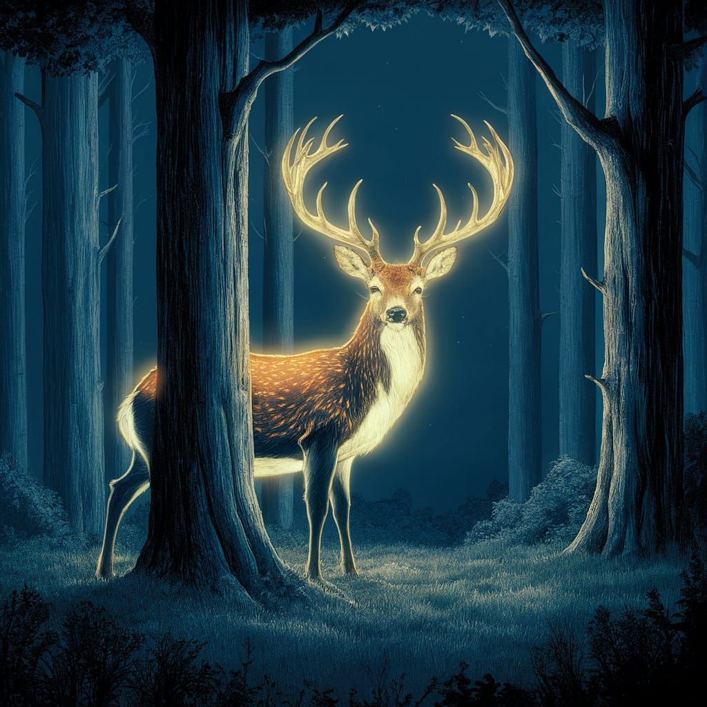 Glowing Deer Emerges from Moonlit Forest