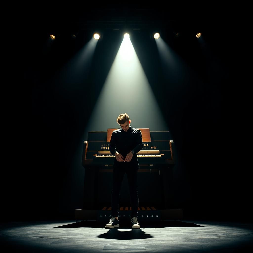 Musician and Hammond Organ: Cinematic Film Still