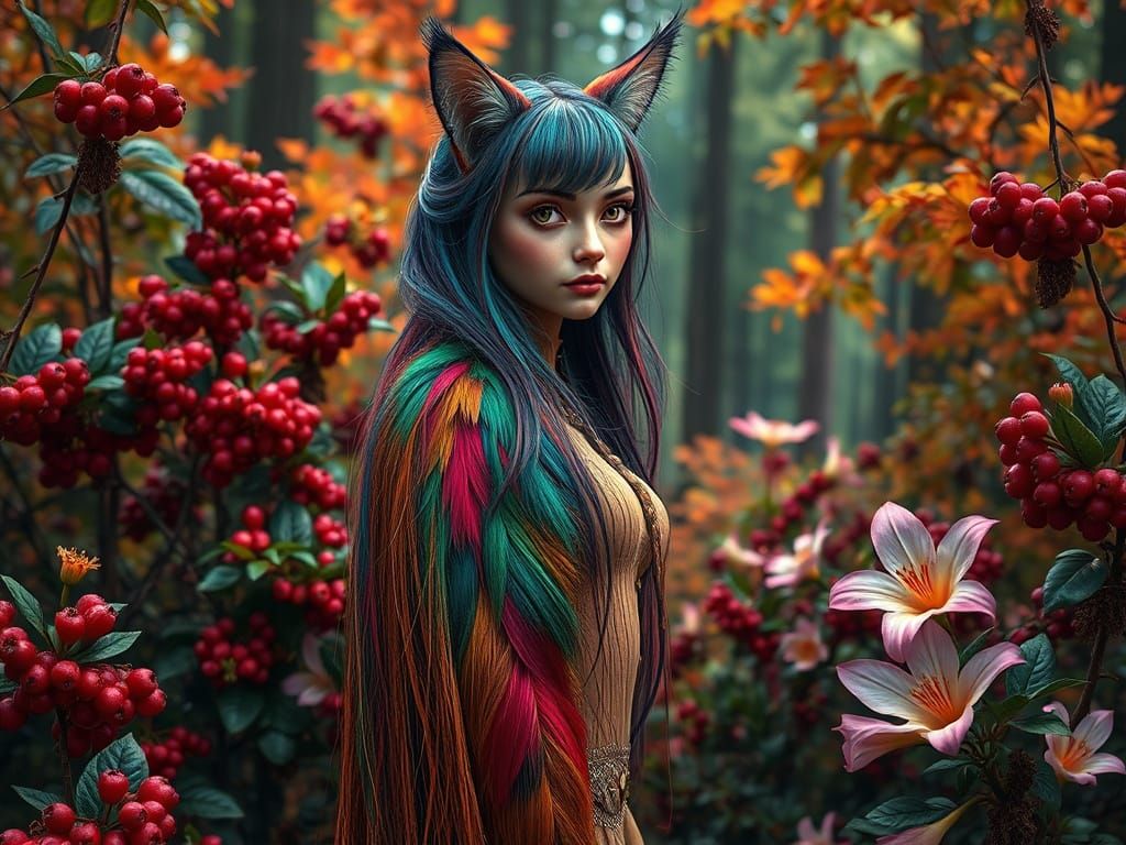Feather-haired Woman in Colorful Forest, Hyperrealistic