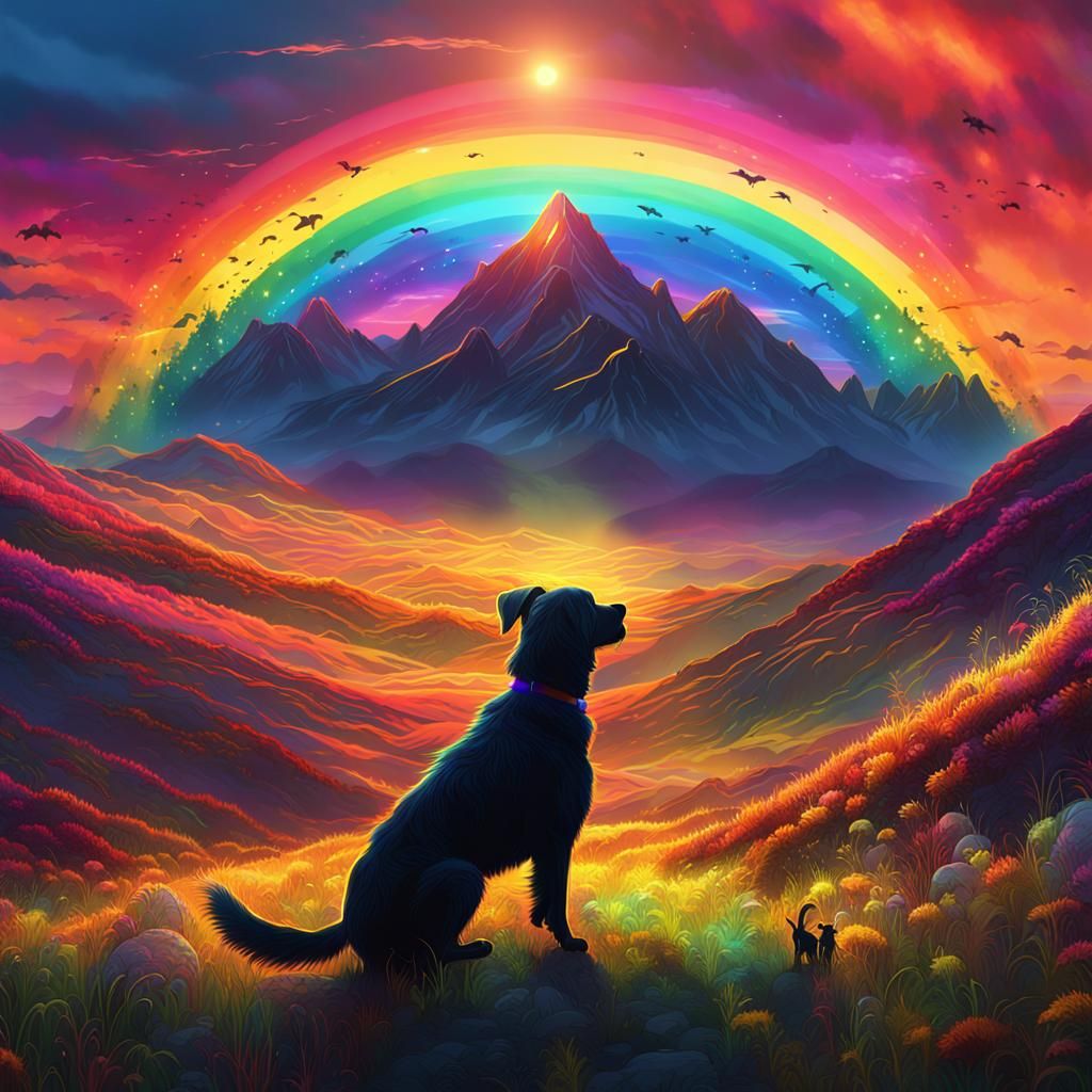 Psychedelic Sunset: Dog and Rainbow Silhouette