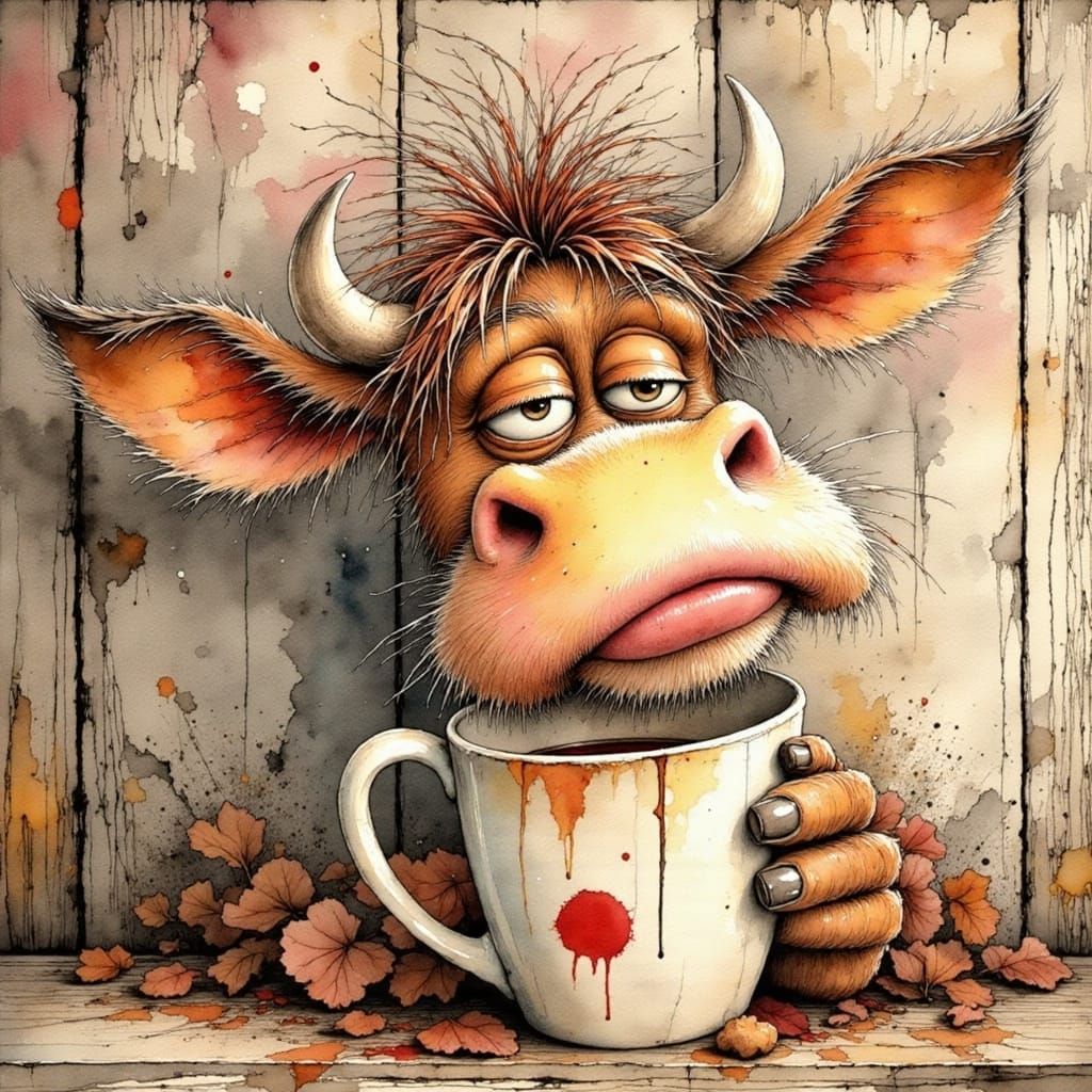 I'm so tired - A whimsical, sleepy cow with drooping eyes, c...