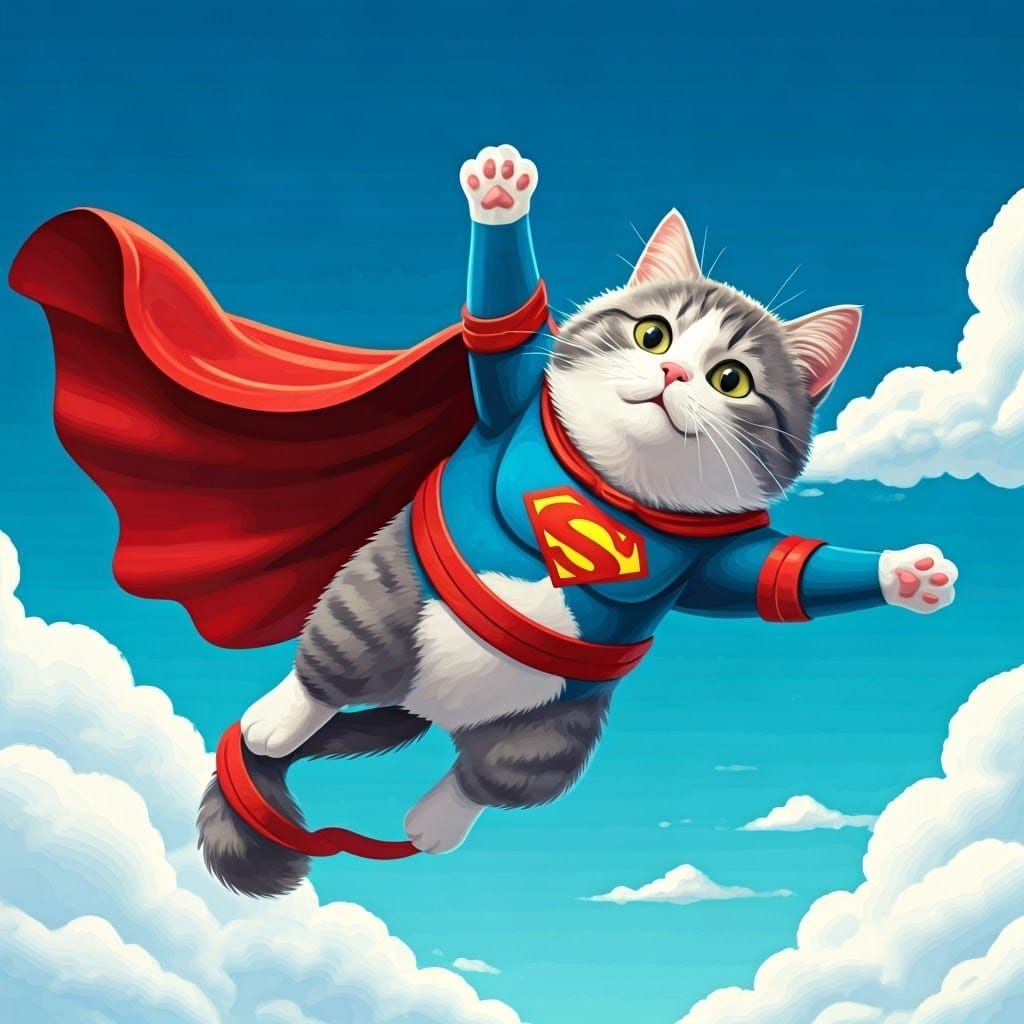 Cat Superhero Cape Mishap in Cartoon Style