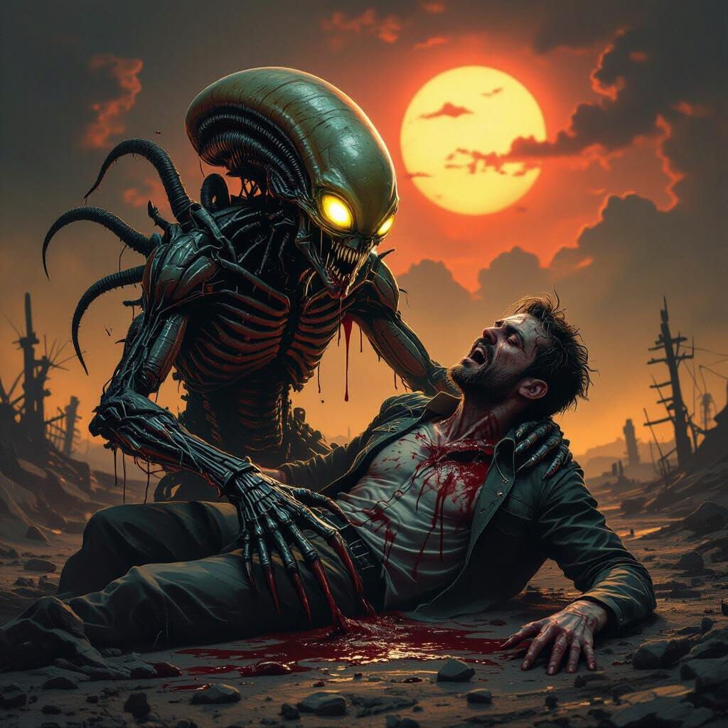 Grotesque Alien Dismembering Man in Dark Fantasy Landscape