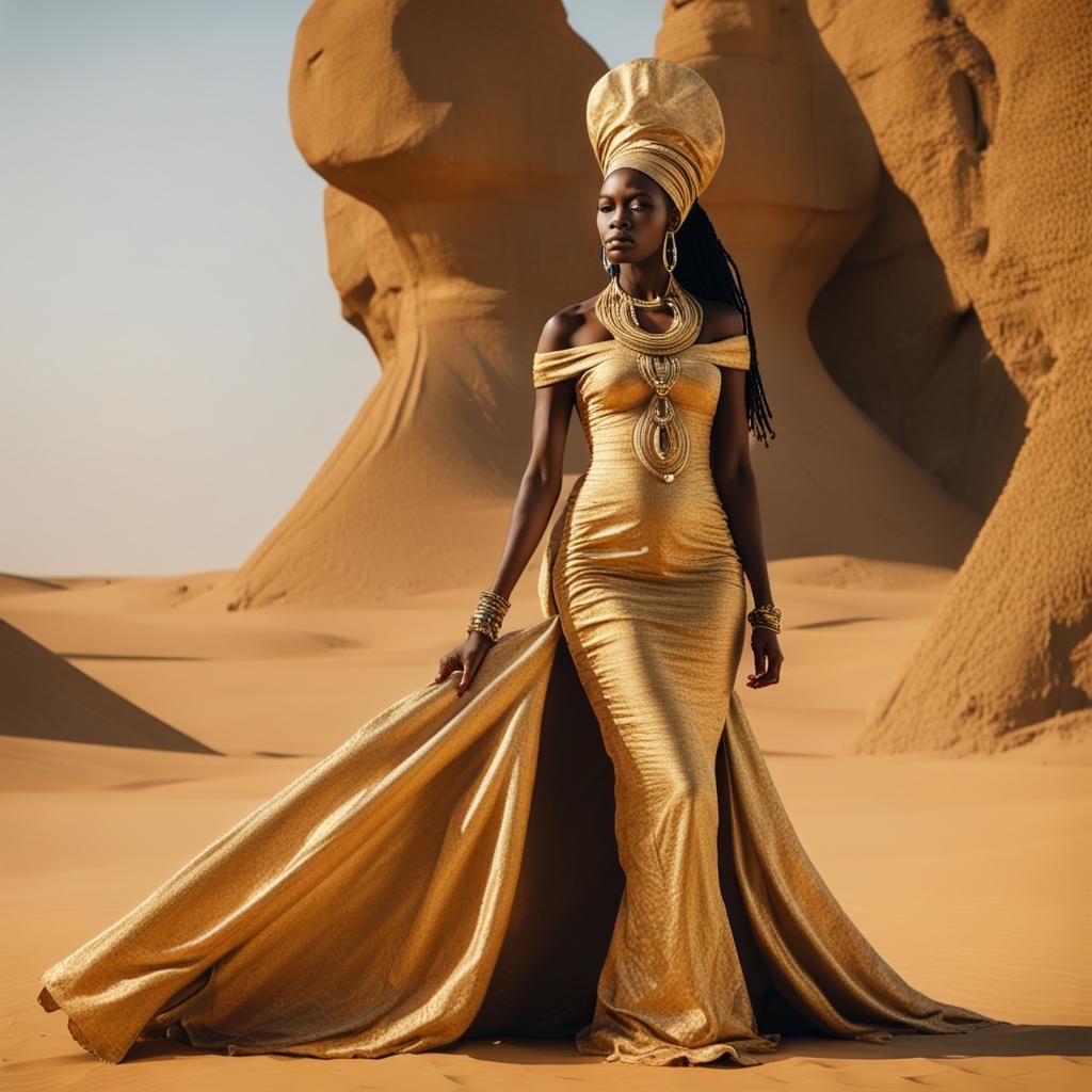 African Woman in Golden Dress at Desert Monolith