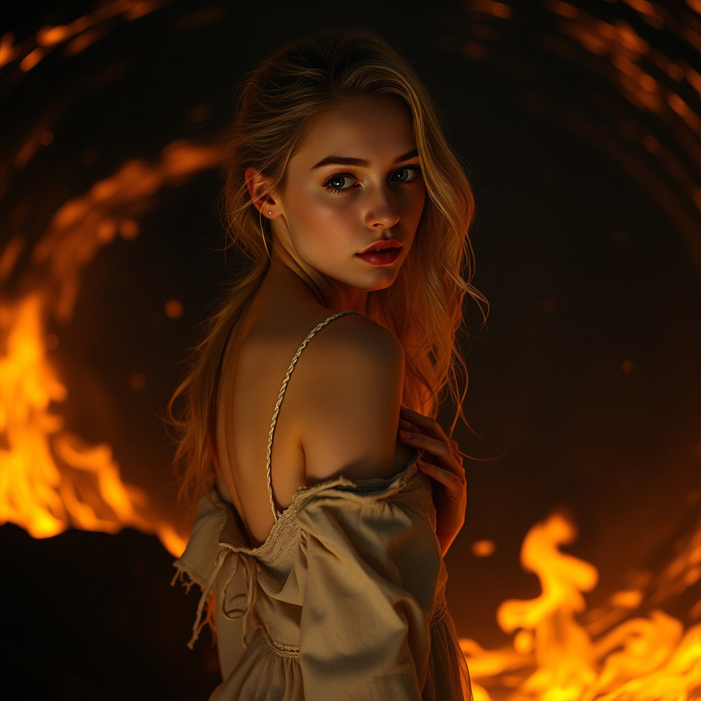 Woman in Fire Vortex, Cinematic Film-Noir Style