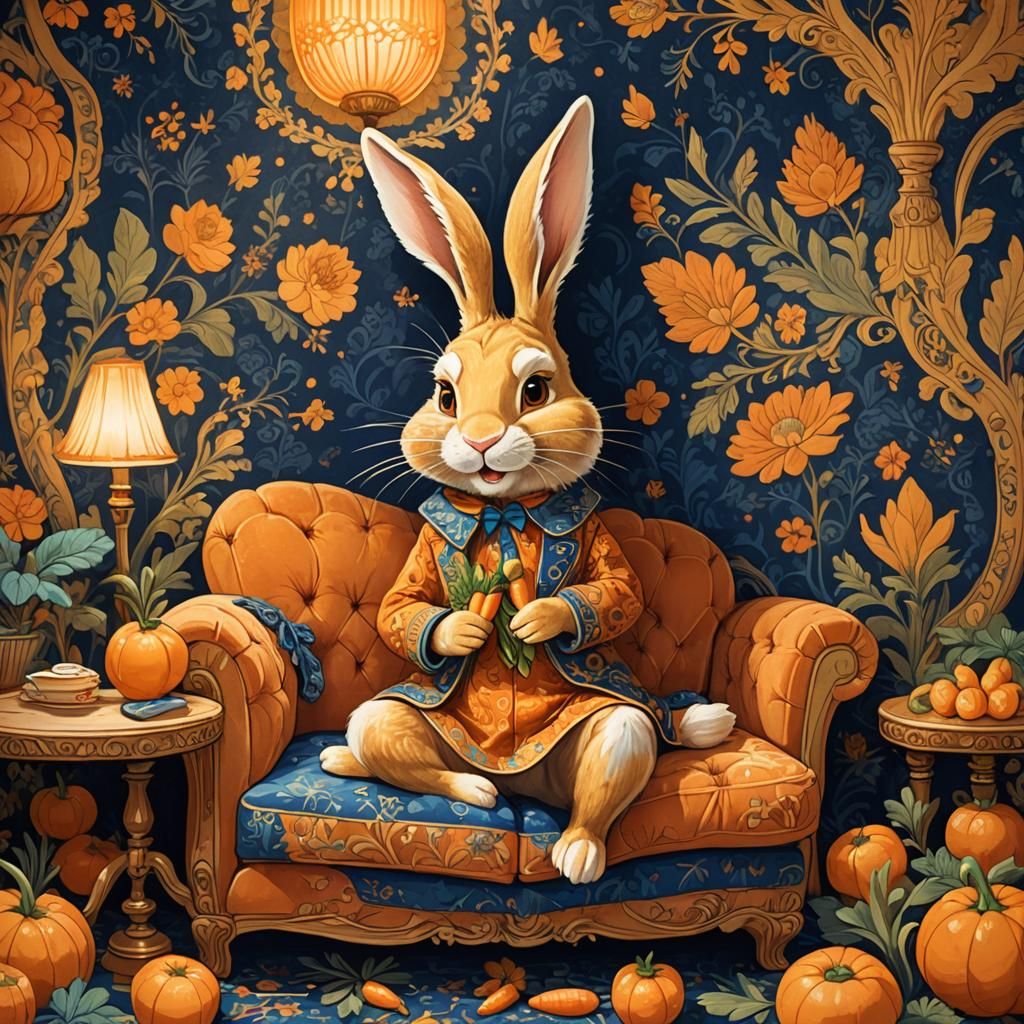 Golden Rabbit's Carrot Feast: Whimsical Fantasy Illustration