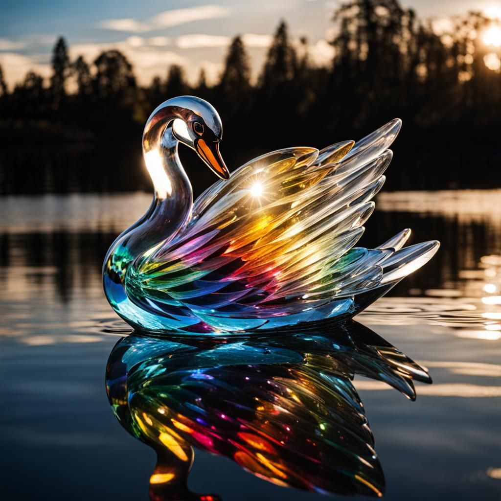 Rainbow Glass Swan Swimming in Glass Duck Lake