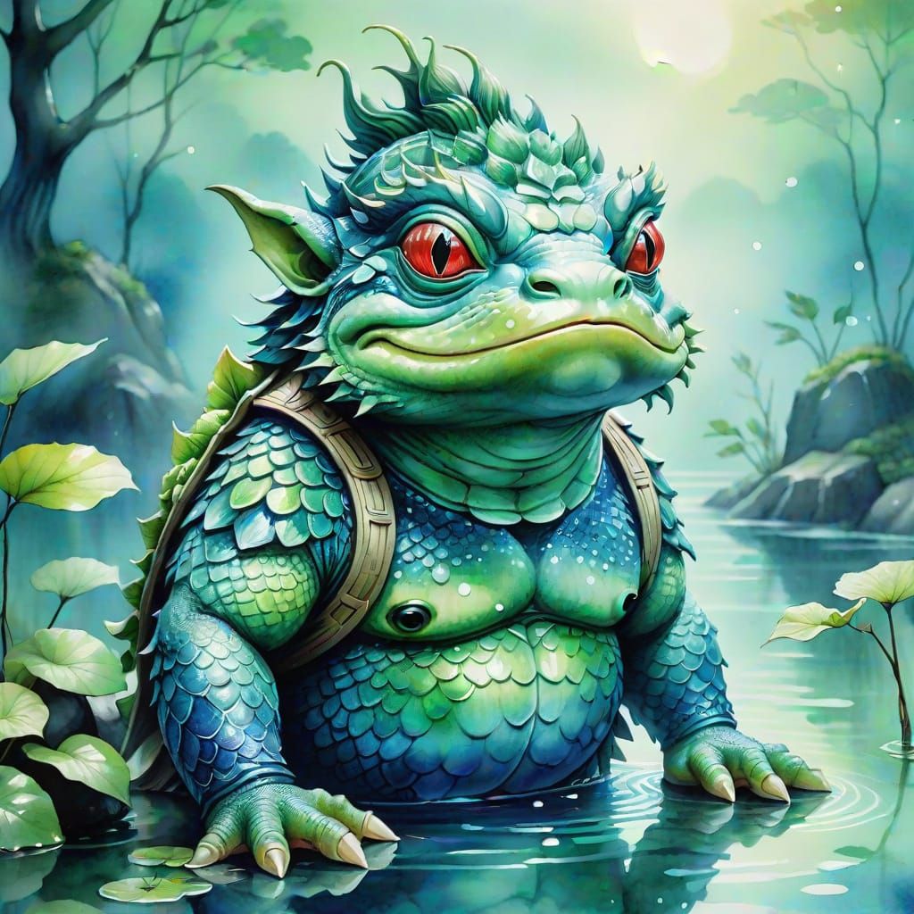 Watercolor Kappa from Japanese Mythology