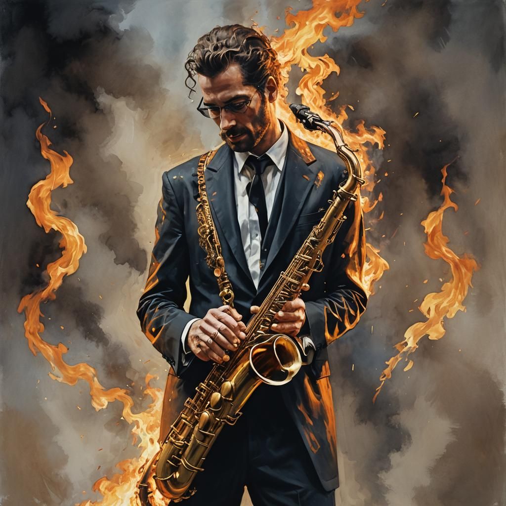 Flaming Saxophone in Sinister Fantasy Art Style