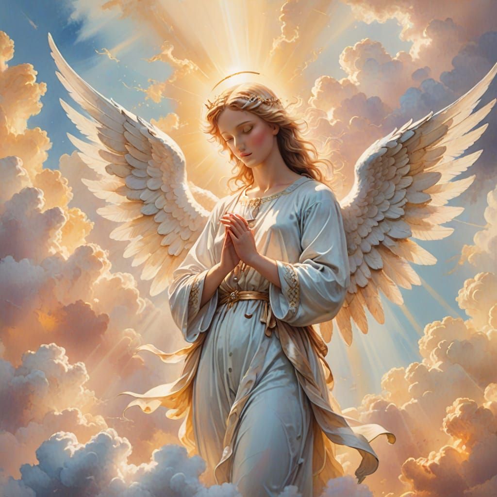 Serene Angel in Clouds Pastel Watercolor