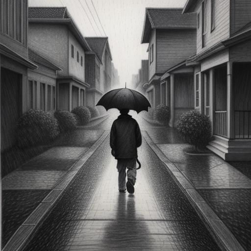 Boy Walks on Rainy Street: Charcoal Drawing