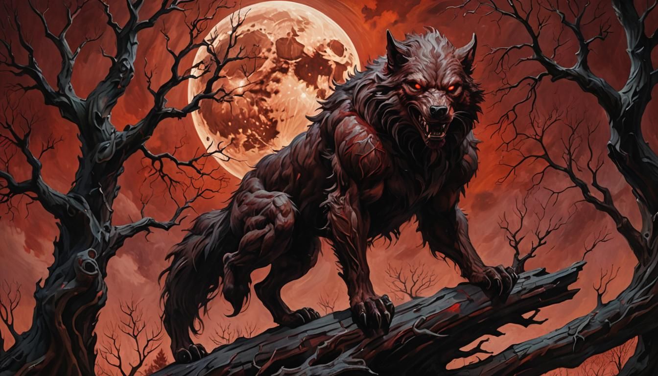 Werewolf Under Red Moon: Lunar Fantasy Oil Painting