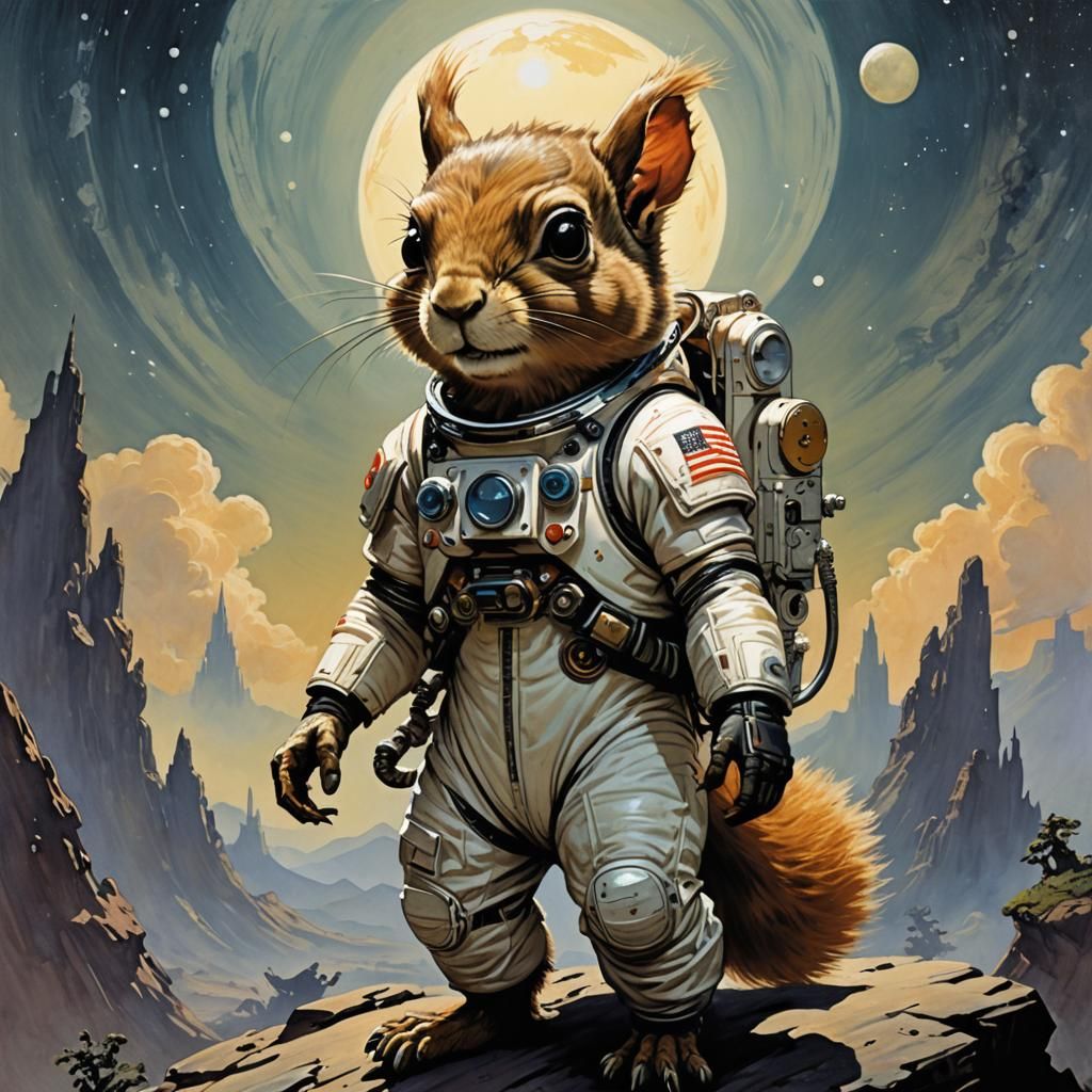 Astronaut Squirrel with Twin Suns, Fantasy Art