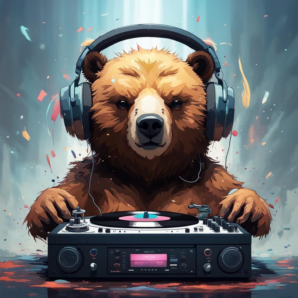 Chibi Bear DJ with Giant Headphones in Fantasy Art