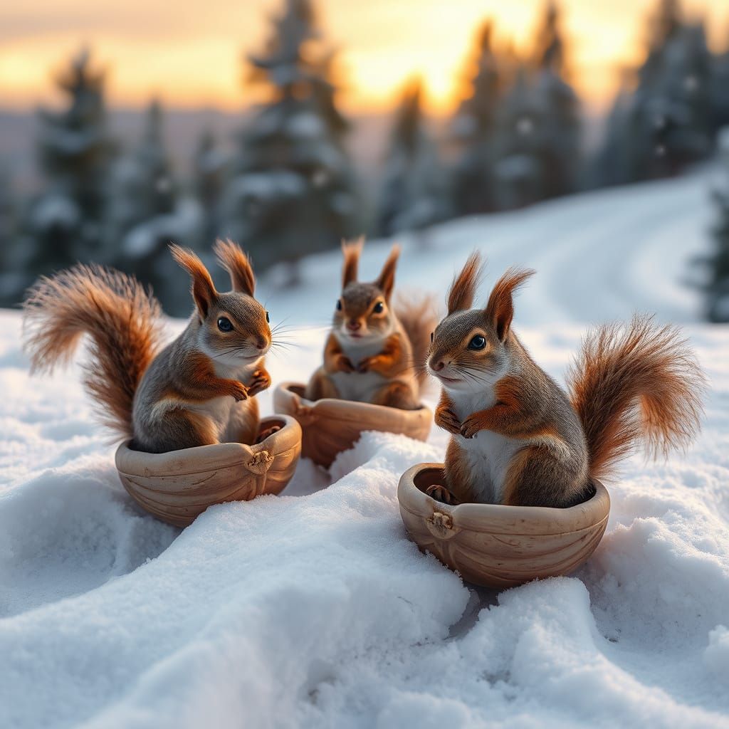Joyful Squirrels Tobogganing on Snowy Sunset