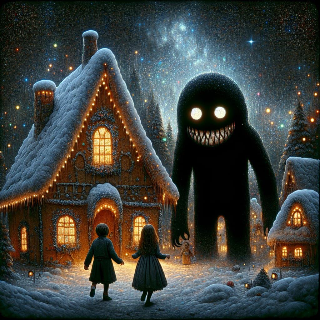 Dark Silhouette Guards Gingerbread Cottage in Cyberpunk Fair...